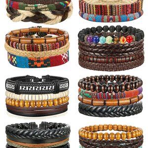 Braided Leather Bracelet Set Wood Beads Adjustable Tribal Punk Style Cuff